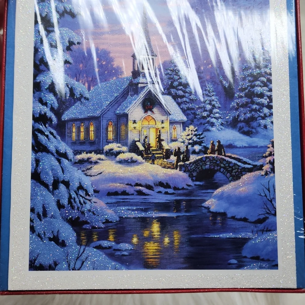 American Greetings Glittery Christmas Holiday Greeting Cards Church with Snow